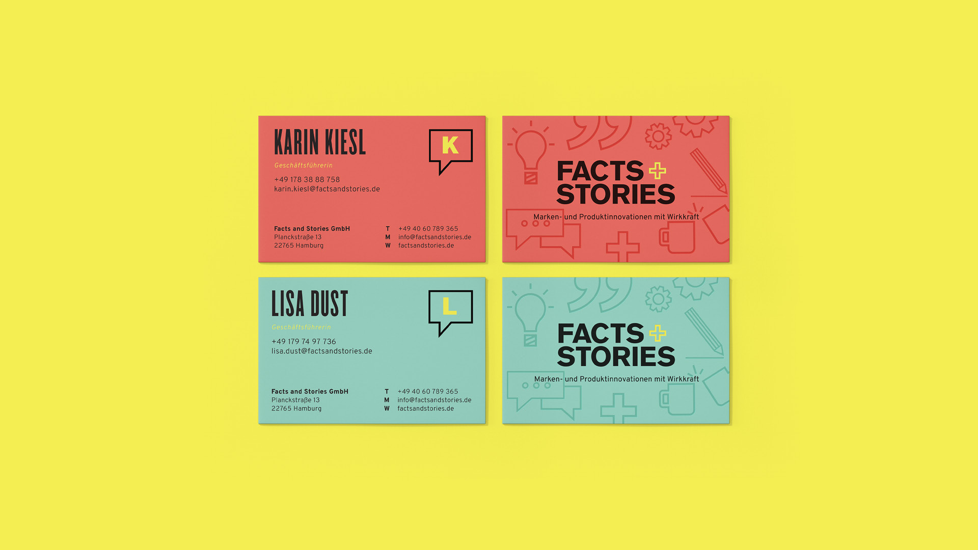 Facts+Stories Visitenkarten Vor- und Rückseite