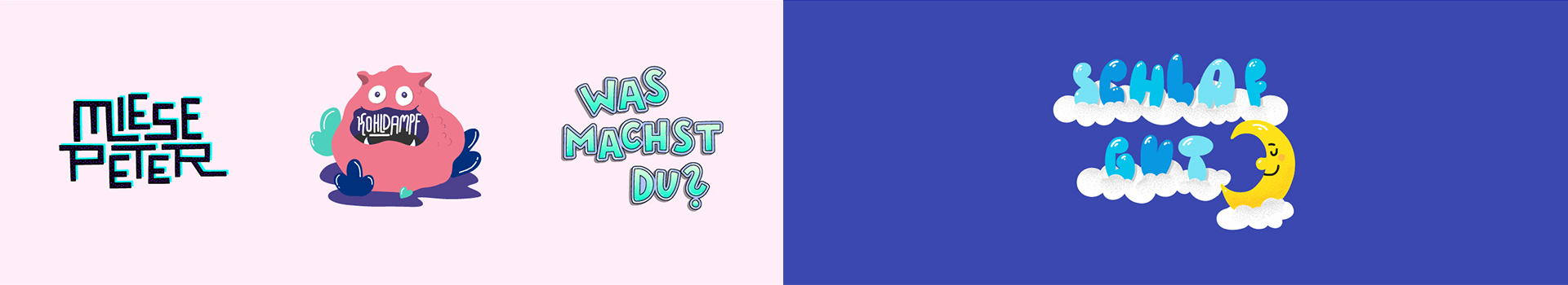 Snapchat Sticker "Miesepeter", "Kohldampf", "Was machst du?" und "schlaf gut"
